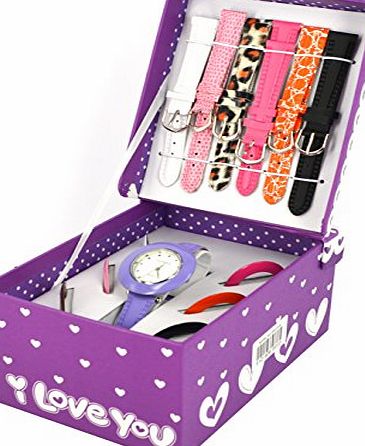 NY LONDON Little Girls Watch Gift Set With Matching amp; Additional Watch Straps [Box and Straps Colours May Vary]